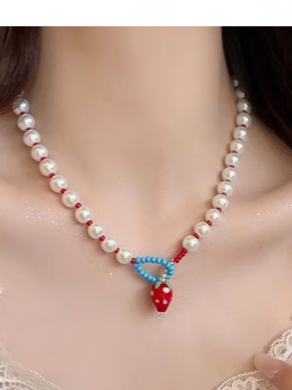 NEW Sweet Strawberry Lampwork Beaded Pearl Lariat Necklace